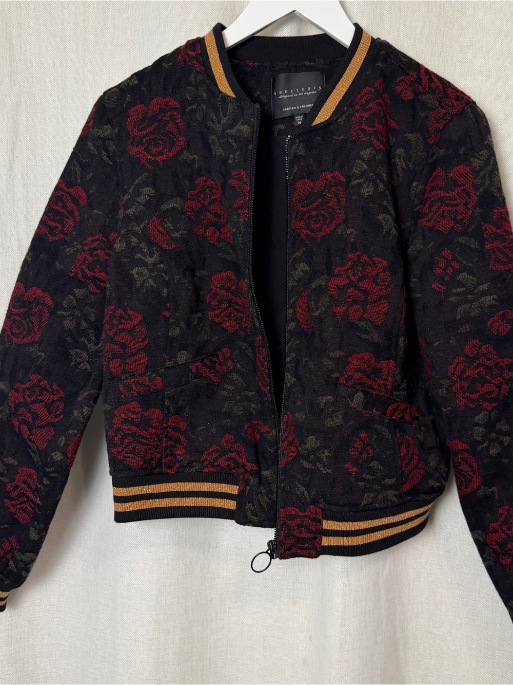 Sanctuary Black Floral Jacquard Bomber Jacket with Red Roses